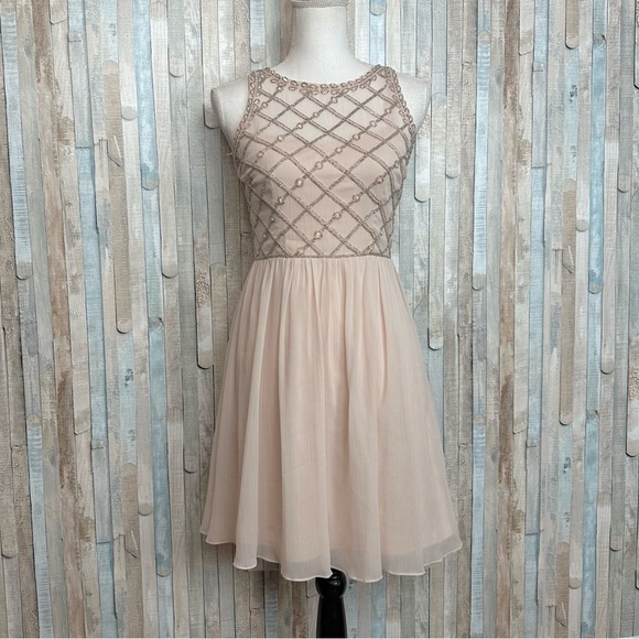 Adrianna Papell Dresses & Skirts - Adrianna Papell 2 Blush Embellished Beaded Bodice Chiffon Flared Dress Bhldn